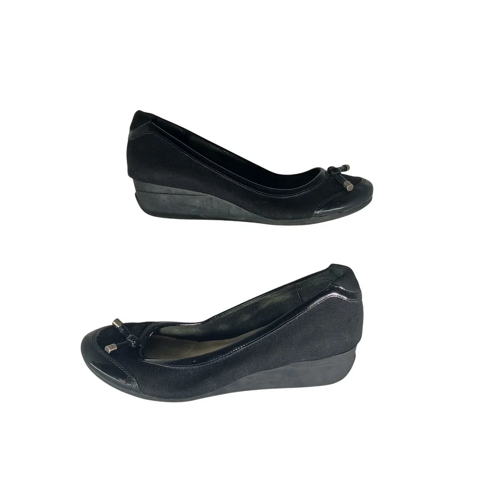 Anne Klein Sport Beyou Wedge Heels 8M Black Patent Trim Bow Office Professional
